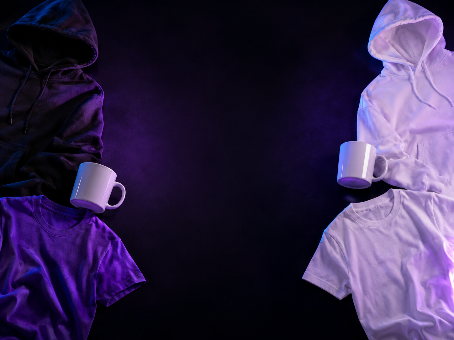 Cups, hoodies, and T-shirts in violet and blue lighting
